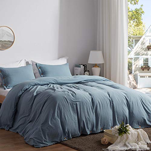 SunStyle Home Queen Size Duvet Cover Set with Buttons Closure-Blue Grey Washed 100% Microfiber,3 Pieces Solid Color Ultra Soft Skin-Friendly Comforter Cover Set,(1 Duvet Cover +2 Pillowcases)