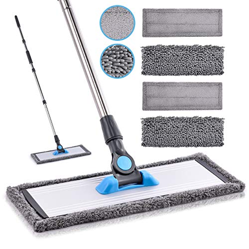 Microfiber Floor Hardwood Mop - MANGOTIME Dust Wet Mop with 4 Washable Chenille & Microfiber Pads and Aluminum Plate, Flat Mop for Floor Cleaning Laminate Tile Vinyl Kitchen Home Mint