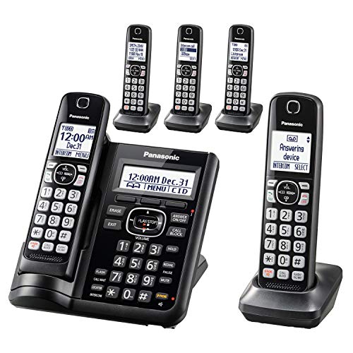 PANASONIC Cordless Phone System with Answering Machine, One-Touch Call Block, Enhanced Noise Reduction, Talking Caller ID and Baby Monitor - 5 Handsets - KX-TGF545B (Black)