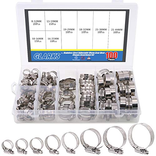 Glarks 100Pcs Adjustable 8-44mm Range 304 Stainless Steel Worm Gear Hose Clamps Assortment Kit, Fuel Line Clamp for Water Pipe, Plumbing, Automotive and Mechanical Application (Hose Clamp Kit)