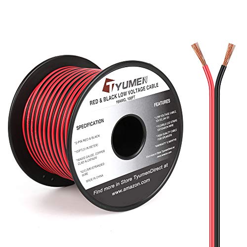 TYUMEN 100FT 16 Gauge 2pin 2 Color Red Black Cable Hookup Electrical Wire LED Strips Extension Wire 12V/24V DC Cable, 16AWG Flexible Wire Extension Cord for LED Ribbon Lamp Tape Lighting