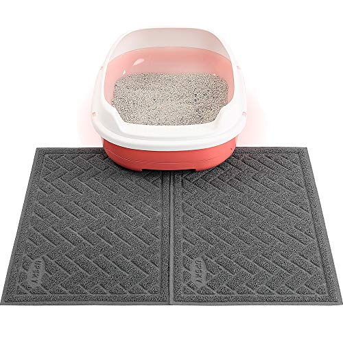 Double Large Cat Litter Mat (24’’ x 16’’ x 2 Pieces), Premium Traps Litter from Box and Paws, Scatter Control for Litter Box, Soft on Sensitive Kitty Paws, Easy to Clean, (Grey)