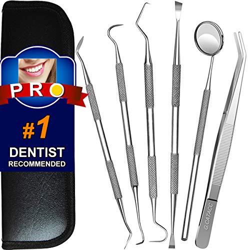 Dental Tools, 6 Pack Teeth Cleaning Tools Stainless Steel Dental Scraper Tooth Pick Hygiene Set with Mouth Mirror, Tweezer Kit for Dentist, Family Oral Care, Dogs - with Leather Case
