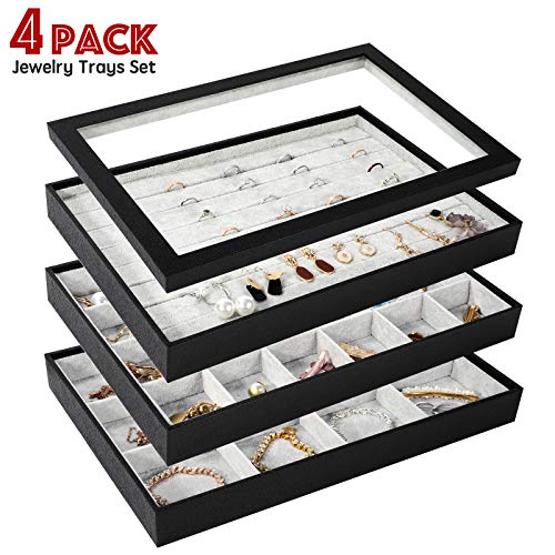 GISK Set of 4 Velvet Jewelry Trays Organizer Set with Clear Lid Jewelry Storage Display Trays for Drawer Earring Necklace Bracelet Ring Organizer Removable Tray(Black)