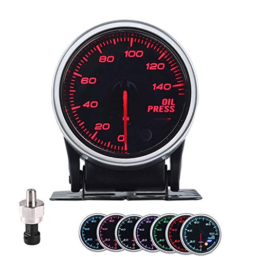 Oil Pressure Gauge Car 2-1/16' 52mm 7 Color Meter 0-140PSI with Press Alarm, Includes Electronic Sensor and Stepper Motor