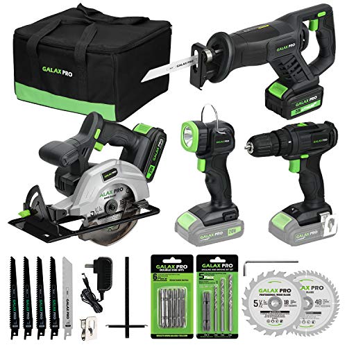 GALAX PRO 20V Lithium Ion Cordless 4-Tool Combo Kit, 3/8” Dill Driver, Reciprocating Saw, 5-1/2” Circular Saw and Work Light, Two Lithium Batteries(1.3A+3A) and One Charger, Carrying Bag Included