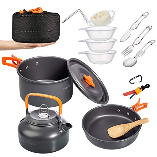 Overmont 15pc 1.95 Liter (Pot+ Kettle) Camping Cookware Mess Kit, Lightweight Pot Pan Kettle Fork Knife Spoon Kit for Backpacking, Outdoor Hiking and Picnic Free Folding Spork Knife Spoon