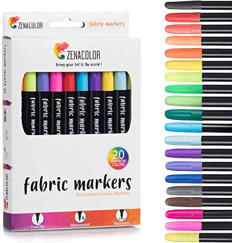 Zenacolor 20 Fabric Markers Pens Set - Non Toxic, Indelible and Permanent Fabric Paint Fine Point Textile Marker Pen - Pens Fine Point Tip