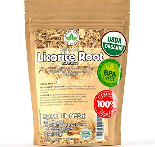 Licorice Root Tea 1LB (16Oz) 100% Certified Organic Licorice Root Cut and Sifted (Glycyrrhiza glabra), in 1 lbs. Bulk Resealable Kraft BPA Free Bags from U.S. Wellness Naturals