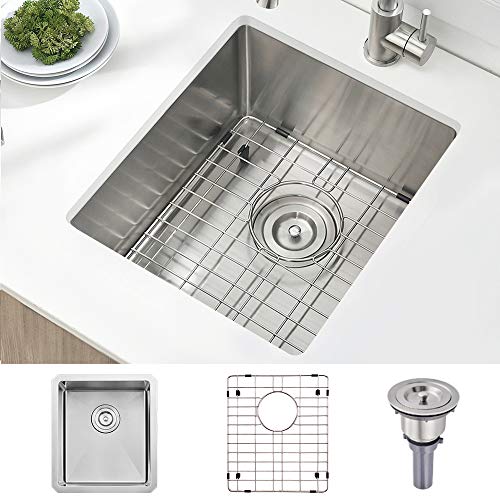 15 x 17 Inches 16 Gauge Stainless Steel Undermount Small RV Kitchen Bar Sink, BoomHoze Single Bowl Brushed Nickel SUS304 Outdoor Bar Sink with Bottom Rinse Grid and Basket Drain Strainer