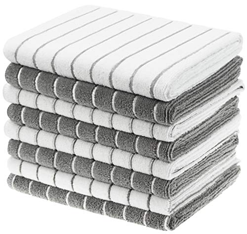 Gryeer Microfiber Kitchen Towels, Stripe Designed, Soft and Super Absorbent Dish Towels, Pack of 8, 18 x 26 Inch, Gray and White