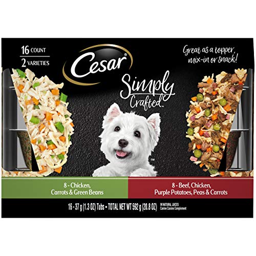 CESAR SIMPLY CRAFTED Adult Dog Food Meal Topper Variety Pack, Chicken, Carrots, & Green Beans and Beef, Chicken, Purple Potatoes, Peas & Carrots, (16) 1.3 oz. Tubs