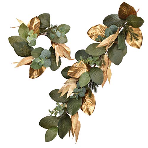 Cloris Art Christmas Wreaths, Artificial Eucalyptus & Magnolia Leaves, 16 Inch Candle Ring Wreath + Pine Needle 4 ft Vine Garland for Farmhouse Home Wedding Party Table Wall Decor(Gold & Green)