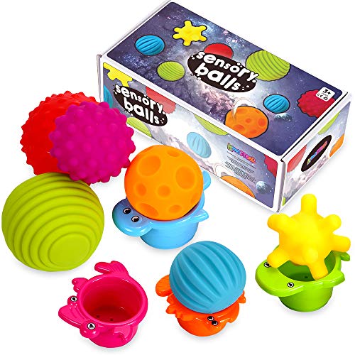 Sensory Balls for Kids - Textured Multi Ball Set for Babies & Toddlers, 6 Colorful Soft and Squeezy Sensory Toys with Stacking Cups - Stress Relief Toy for Kids & Sensory Balls for Toddlers