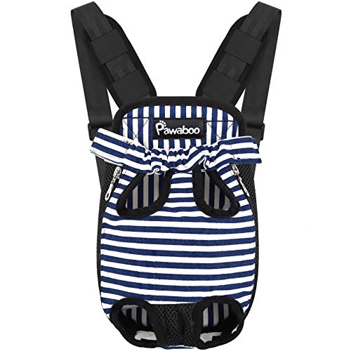 Pawaboo Pet Carrier Backpack, Adjustable Pet Front Cat Dog Carrier Backpack Travel Bag, Legs Out, Easy-Fit for Traveling Hiking Camping for Small Medium Dogs Cats Puppies, Large, Blue & White Stripes