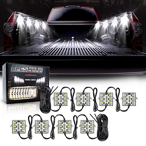 8PCS LED Truck Pickup Bed Lights Kit, 48 LEDs Truck Cargo Pickup Bed Lighting Kit with Switch, IP68 Waterproof for truck Bed, Under Car, Rail Light Cargo