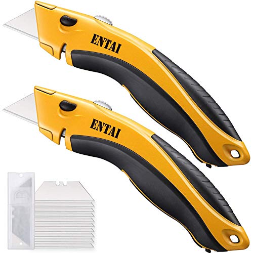 ENTAI 2-Pack Utility Knife, Retractable Box Cutter for Cardboard, Boxes and Cartons, Zinc Alloy Shell with Non-slip Rubbery Handle, Blade Storage Design, Extra 10 Blades Included