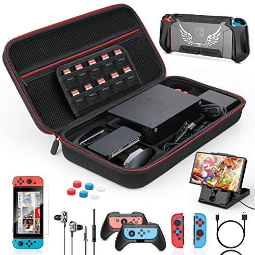HEYSTOP Carrying Case for Nintendo Switch Portable Travel All Protective Storage Case Screen Protector Thumb Grips Caps for Nintendo Switch Accessories with Joy-con Grips and PlayStand