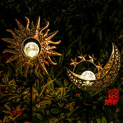 Solar Lights Outdoor Garden Decor,Waterproof Metal Sun Moon Decorative Stakes for Walkway,Yard,Lawn,Patio(2 Pack)