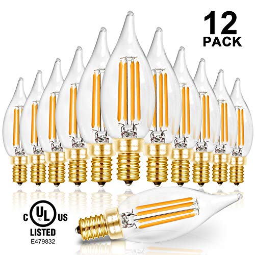 Hizashi 90+ CRI LED Candelabra Bulb Flame Tip 40W Equivalent Dimmable E12 Filament Candle Bulbs 4W, 450 Lumens, 2700K Warm White CA10 LED Chandelier Light Bulbs, UL Listed - 12 Pack