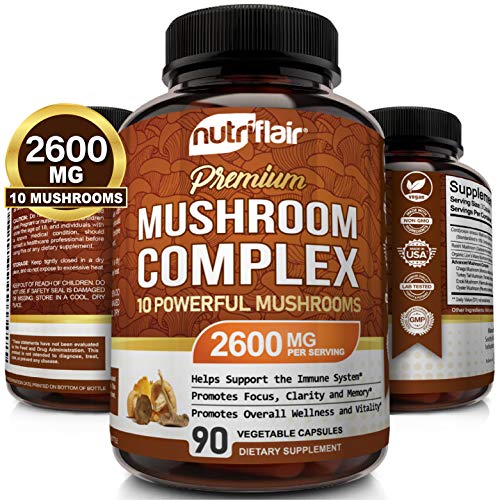 NutriFlair Mushroom Supplement 2600mg - 90 Capsules - 10 Mushrooms - Reishi, Lions Mane, Cordyceps, Chaga, Turkey Tail, Maitake, Shiitake Nootropic Complex - Brain, Immune System, Energy, Focus