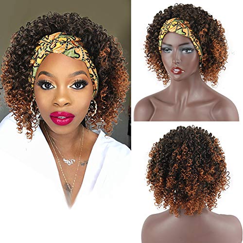 Aisaide Afro Kinky Curly Wig Natural Headband Wigs for Black Women, Short Black Wig with Head Wrap Wigs 2 in 1 Synthetic Curly Hair Wigs for Women Headwraps Full Afro Wig Heat Resistant