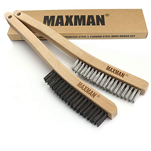 Wire Brush Set,Heavy Duty Carbon Steel and Stainless Steel Wire Scratch Brush for Cleaning Rust with 14' Long Curved Beechwood Handle,2 Pieces,Large