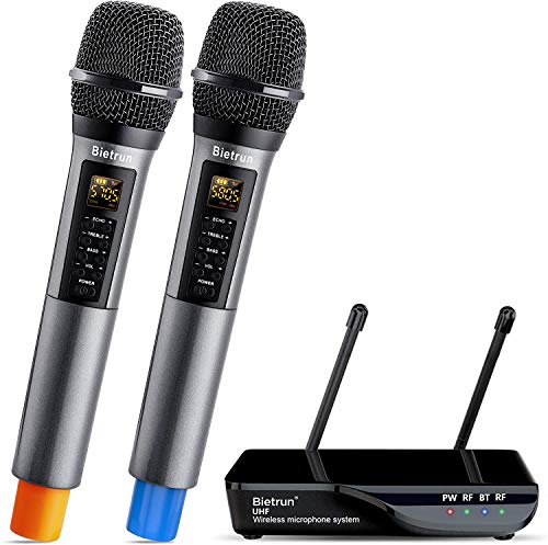 Wireless Microphone with Echo, Treble, Bass & Bluetooth, UHF Portable Dual Handheld Wireless Karaoke Dynamic Microphone System, 160 FT Range, for Karaoke Machine, Singing, Wedding, Amp, PA System