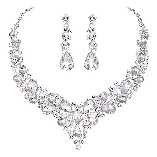 Molie Youfir Bridal Austrian Crystal Necklace and Earrings Jewelry Set Gifts fit with Wedding Dress(Clear)