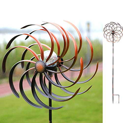 HDNICEZM Solar Wind Spinner Improved 360 Degrees Swivel Warm White LED Lighting Glass Ball with Kinetic Wind Spinner Vertical Metal Sculpture Stake Construction for Outdoor Yard Lawn & Garden