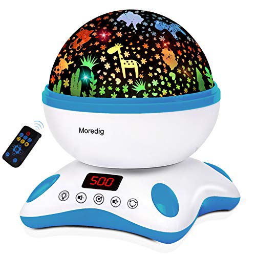 Moredig Baby Projector with Timer and Remote Built-in 12 Light Songs 360 Degree Rotating 8 Colorful Lights for Birthday, Parties, Bedroom (Blue White)