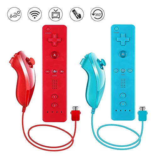 Lactivx 2 Packs Nunchuck and Wii Remote Controller with Silicone Case and Strap Compatible with Wii Wii U Console(Red and Blue)
