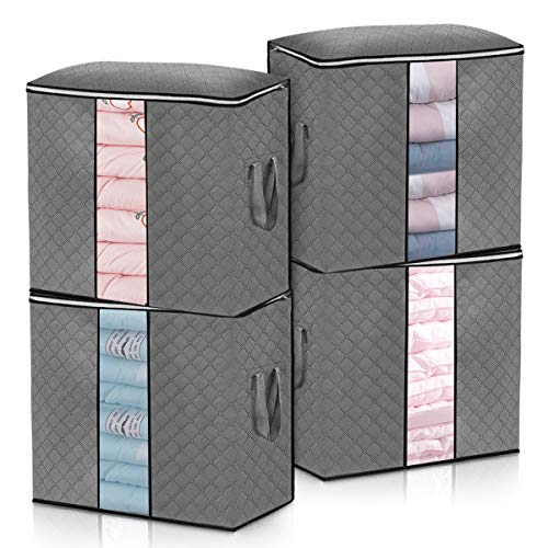 king do way Clothing Storage Bags for Clothes Blankets Comforters 19.7'' x 12.4'' x 19.7'' 4Pack Closet Organizer with Strengthen Handle, Viewing Window, Zipper,Grey