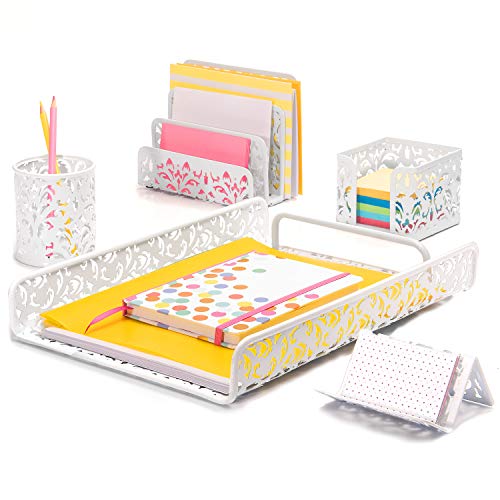 Hudstill White Cute Desk Organizer Set for Women and Girls in Damask Design with 5 Office Supplies Accessories : File Tray, Mail Sorter, Pen Cup, Sticky Notes Holder and Business Card Holder