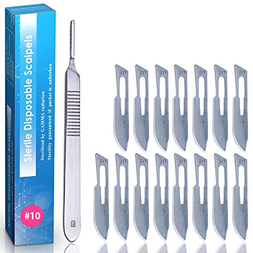 Pack of 15 Surgical Blades 10 and Stainless Steel Scalpel Handle, Size 10 Scalpel Blades with Surgical Knife Scalpel, High Carbon Steel Dermablade Surgical 10 Blades and Handle