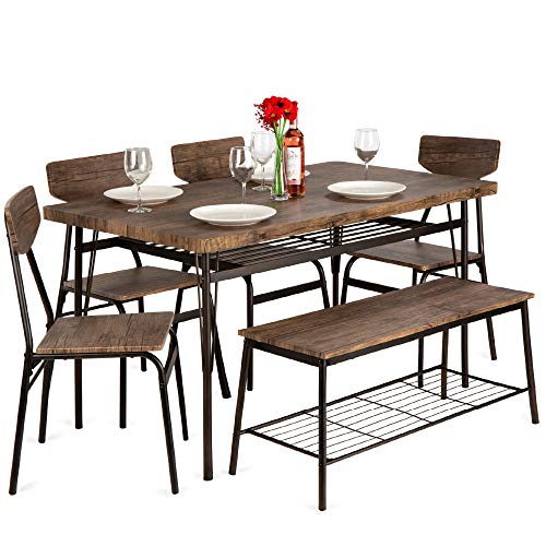 Best Choice Products 6-Piece 55in Wooden Modern Dining Set for Home, Kitchen, Dining Room w/Storage Racks, Rectangular Table, Bench, 4 Chairs, Steel Frame - Brown