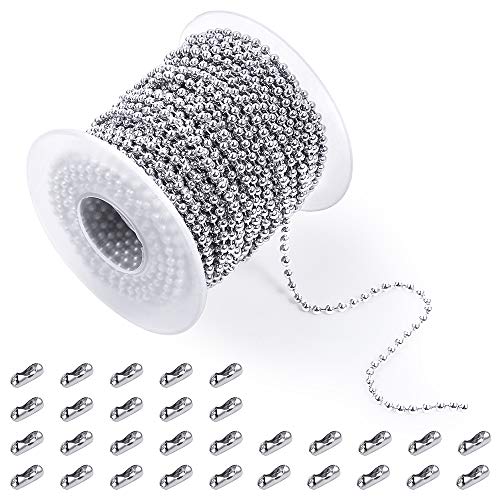 PP OPOUNT 48 Feet Stainless Steel Ball Bead Chain with 30 Pieces Matching Connectors(1 Roll 2.4mm Ball Chain + 30 Connectors)