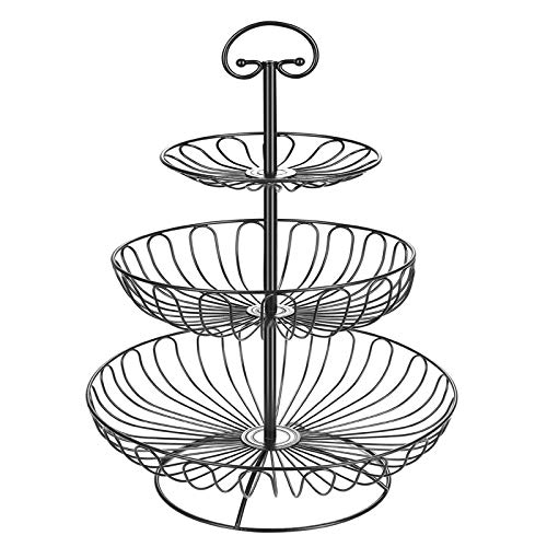 Kleverise Fruit Basket Bowl - 3 Tier Metal Serving Basket Display Storage Stand Holder for Vegetable Produce Snack Bread, Wrought Iron Snack Cupcake Stand for Kitchen Countertop Parties Wedding, Black