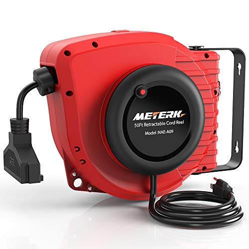 Retractable Extension Cord, Meterk 50+4.5FT Power Cord Reel, 14AWG 13A, 3C SJTOW, 180°Swivel Mounting,Triple Socket, Reset Button and Adjustable Stopper
