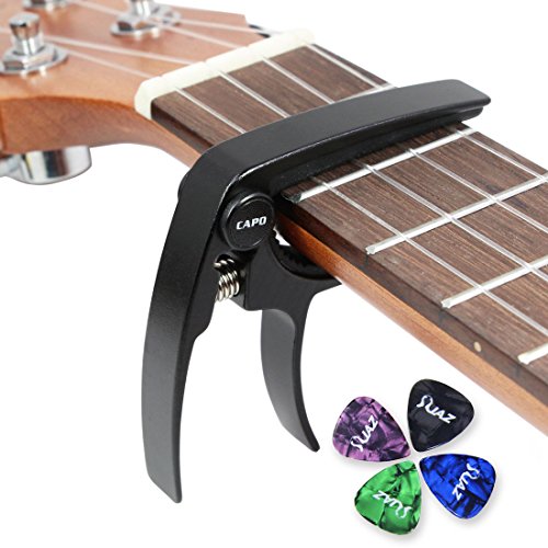 Ukulele Capo Aluminium Alloy Clamp for 4 Strings Uke Soprano Concert Tenor Baritone Light Weight Ukulele Clamp with Free Guitar Picks (Black)