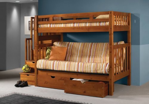 Tall Twin over Full Futon Mission Honey Stairway Bunk Bed with Drawers