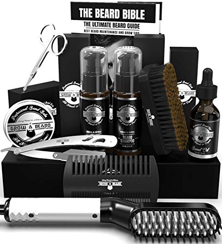 Beard Straightener Grooming Kit for Men, Beard Brush, Double Side Comb, Unscented Oil, All Natural Chanel Balm, Shampoo, Conditioner, Razor & Scissors, Perfect Gifts for Dad & Husband