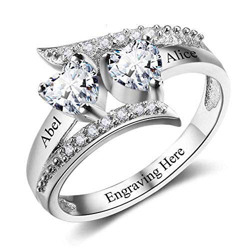 Personalized Promise Rings for Her 2 Simulated Birthstones Name Rings for Couples Mothers Rings for Mothers Day (6) (Silver, 7)