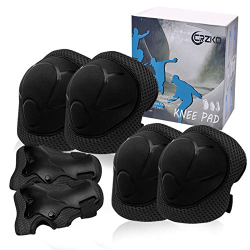 CrzKo Kids Protective Gear, Knee Pads and Elbow Pads 6 in 1 Set with Wrist Guard and Adjustable Strap for Rollerblading Skateboard Cycling Skating Bike Scooter