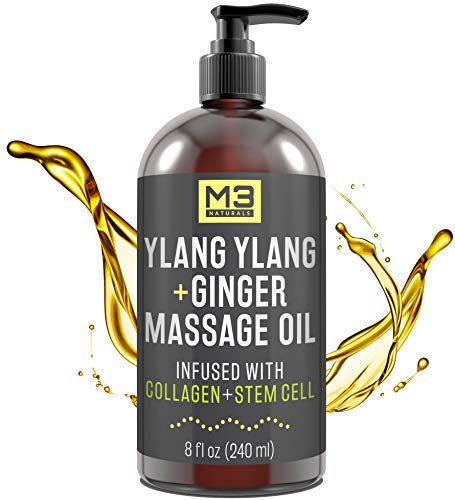 M3 Naturals Ylang Ylang and Ginger Massage Oil Infused with Collagen and Stem Cell - Therapeutic Anti-Cellulite Body Lotion Cream - Essential Oils Deep Tissue Relaxation, Sore Muscle Relief 8 oz