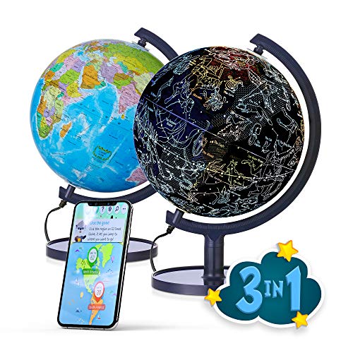 SJ Smart Globe with Interactive APP & LED Illuminated Constellations at Night, DIY, Easy to Assemble, Educational Content for Kids, USB Cord Included, US-Patented STEM Toy, 10' World Globe