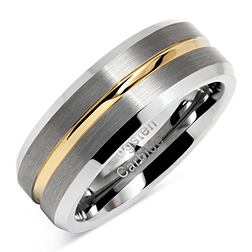 Tungsten Rings for Men Two Tone Silver Wedding Bands Gold Grooved Matte Finish Size 8-16 (10)