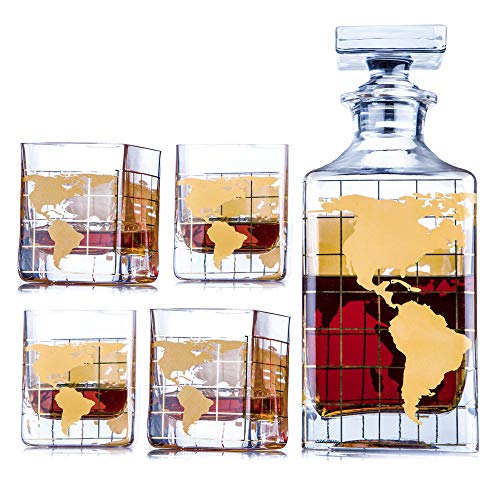 Whiskey Decanter Sets Globe Decanter for Alcohol – GOLD MAP Etched Globe Decanter for Men – Personalized GIFT Set with 4 Glasses for Liquor, Scotch, Bourbon, Brandy, Vodka