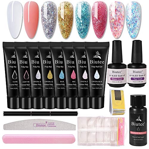 Biutee Biutee Poly Nail Polish Gel 8PCS 15g/0.53oz Glitter Poly Nail Gel Nail Extension Gel with 30ml Slip Solution 15ml Base and Top Coat Nail files All in One Kit