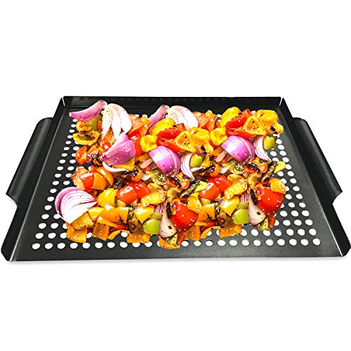 MEHE Grill Basket, Thicken Will not Warped, Nonstick Grilling Topper 14.6'x11.4 Grill Pan BBQ Accessory for Grilling Vegetable, Fish, Shrimp, Meat, Camping Cookware
